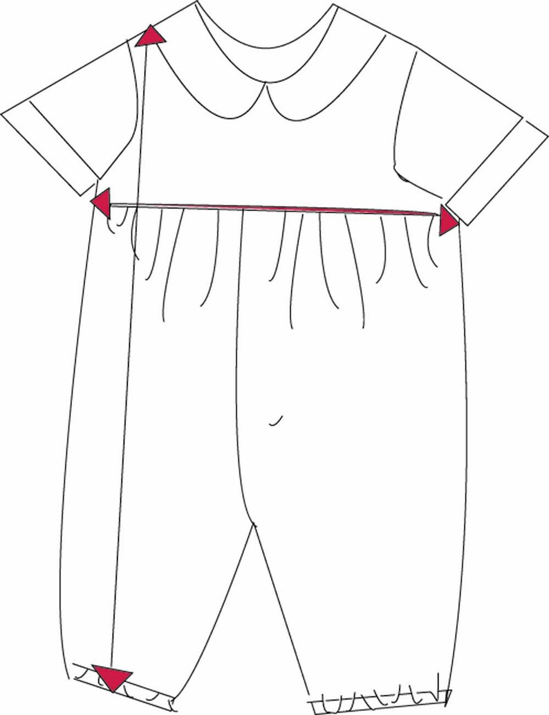 May include: Line drawing of a baby's romper with short sleeves and a Peter Pan collar. The waistline is gathered, and the legs end with a decorative hem. The garment is white.