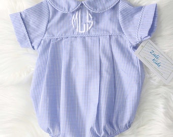 Blue Gingham Newborn Boy Coming Home Outfit - Personalized Baby Boy Romper by Zuli Kids
