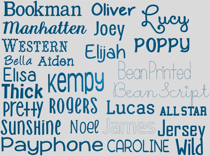 May include: A collection of blue and gray text on a light gray background. The text includes names like Bookman, Oliver, Lucy, Manhattan, Joey, Western, Elijah, Poppy, Bella, Aiden, Elisa, Kempy, Thick, Pretty, Rogers, Lucas, All Star, Sunshine, Noel, James, Jersey, Payphone, Caroline, and Wild. The text is in various fonts and sizes.
