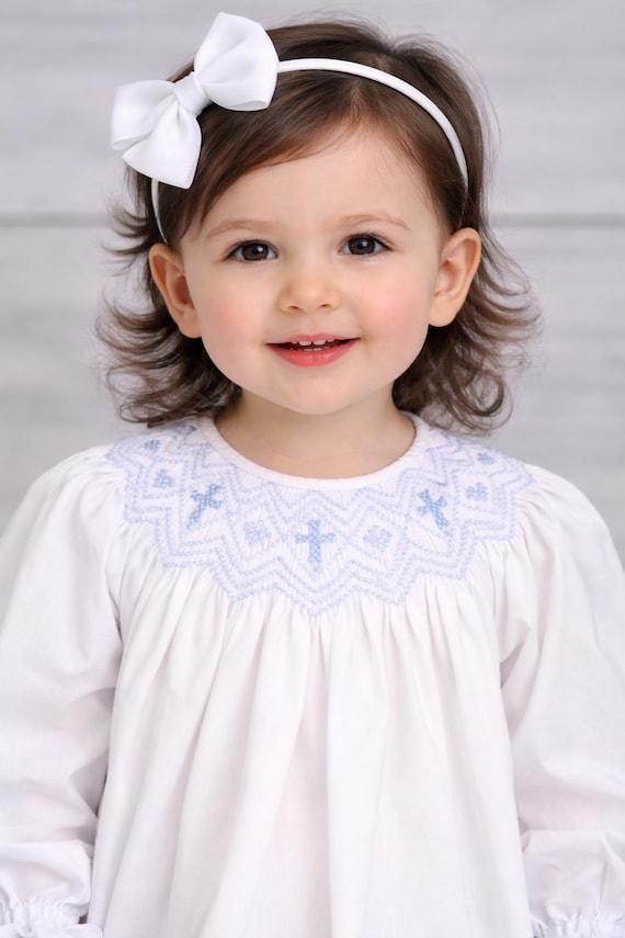 Christening Dresses - Baptism Dress for Toddler Girl, White Smocked Dresses, Smocked Dress with Blue Crosses by Zuli Kids 412728 DD124