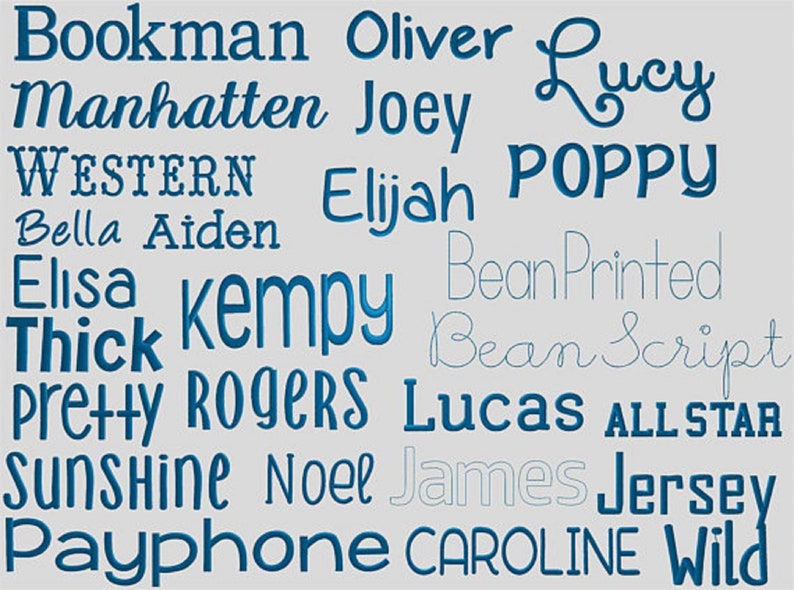 May include: A collection of names and words in various fonts, including "Bookman", "Oliver", "Lucy", "Manhatten", "Joey", "WESTERN", "Elijah", "POPPY", "Thick", "kempy", "pretty", "ROGERS", "Lucas", "ALL STAR", "Sunshine", "Noel", "James", "Jersey", "Payphone", "CAROLINE", and "Wild". The text is in a deep blue color.