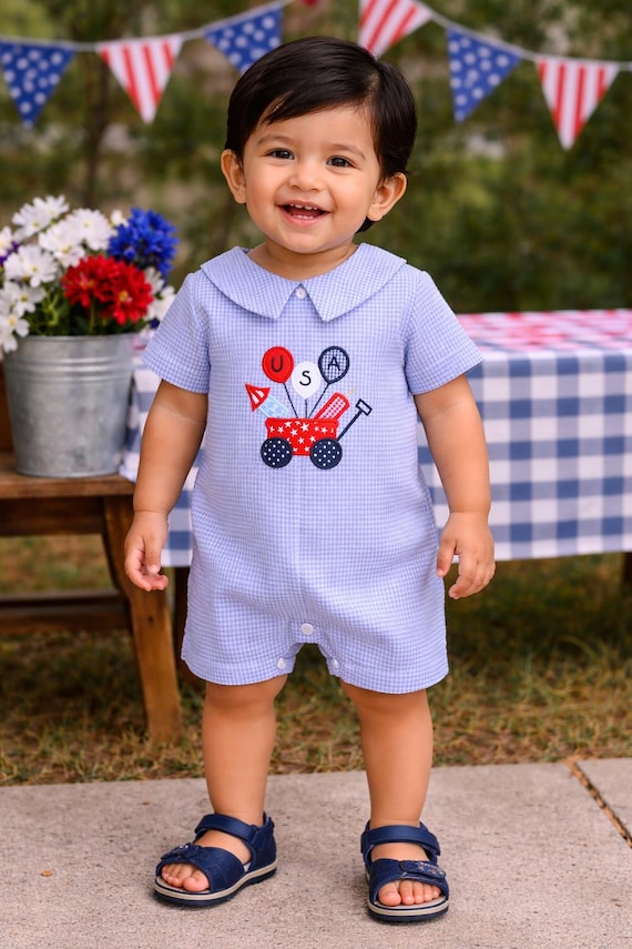 Baby Boy Fourth of July Outfit - Toddler 4th of July Outfits Blue Gingham Patriotic Outfit - Fourth of July Romper by Zuli Kids 291861