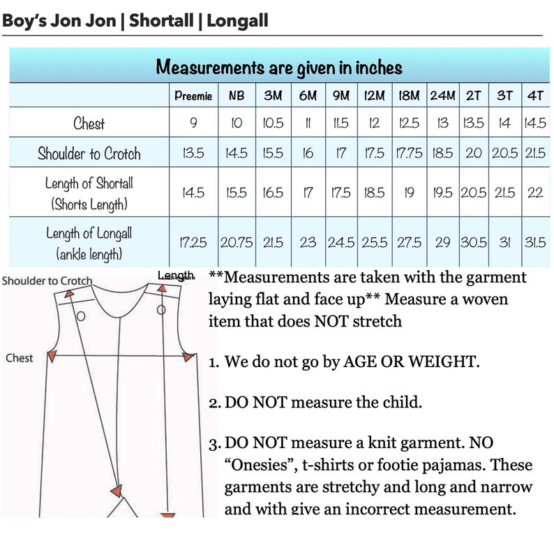 May include: A chart with measurements for baby clothes in inches. The chart includes measurements for chest, shoulder to crotch, length of shortall, and length of longall. The chart is labeled with sizes from preemie to 4T.