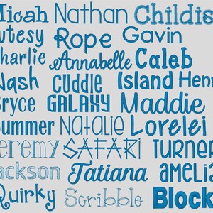 May include: A collection of names and words in a variety of blue fonts, including "Micah", "Childish", "Cutesy", "Rope", "Gavin", "Charlie", "Annabelle", "Caleb", "Nash", "Cuddle", "Island", "Henry", "Bryce", "Galaxy", "Maddie", "Summer", "Natalie", "Lorelei", "Jeremy", "Safari", "Turner", "Jackson", "Tatiana", "Amelia", "Quirky", "Scribble", and "Block".