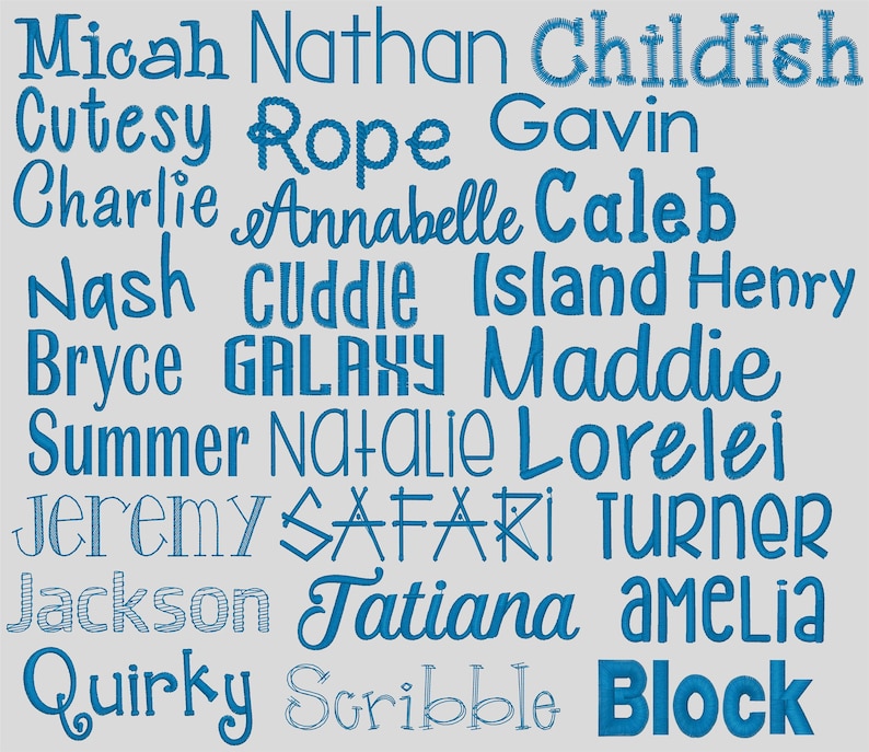 May include: A collection of names and words in a variety of blue fonts, including "Micah", "Childish", "Cutesy", "Rope", "Gavin", "Charlie", "Annabelle", "Caleb", "Nash", "Cuddle", "Island", "Henry", "Bryce", "Galaxy", "Maddie", "Summer", "Natalie", "Lorelei", "Jeremy", "Safari", "Turner", "Jackson", "Tatiana", "Amelia", "Quirky", "Scribble", and "Block".