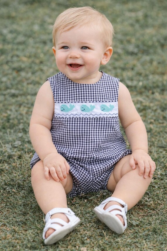 Smocked Jon Jon - Whale Baby Clothes -navy Gingham Baby Boy Whale Outfit - Whale Jon Jon by Zuli Kids 4127814-DD190