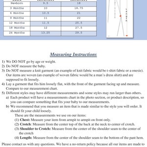 May include: A chart showing the chest and length measurements in inches for longalls in sizes newborn to 24 months. The chart also includes a diagram showing how to measure a longall.