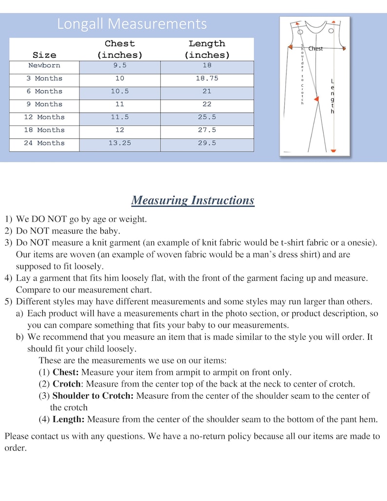 May include: A chart showing the chest and length measurements in inches for longalls in sizes newborn to 24 months. The chart also includes a diagram showing how to measure a longall.