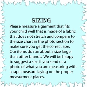 May include: Text on a light blue background with a decorative border. The text reads "SIZING" followed by instructions on how to measure a garment for the correct size, including comparing to a size chart.