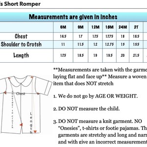 May include: A chart with measurements in inches for a boy's short romper. The chart includes chest, shoulder to crotch, and length measurements for sizes 6M to 3T. Instructions are also provided for taking measurements.