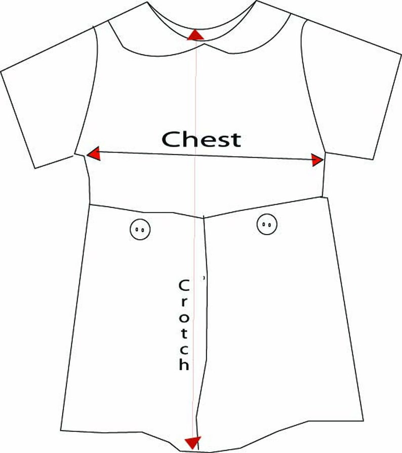 May include: Line drawing of a romper with measurements labeled "Chest" and "Crotch". The romper has short sleeves, a Peter Pan collar, and two buttons. The design is in black lines on a white background.