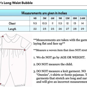 May include: Line drawing of a baby bubble suit with a Peter Pan collar. The image includes a chart with measurements in inches for chest and length, ranging from newborn to 2T sizes. Text advises on measuring woven items.