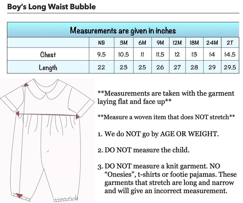 May include: Line drawing of a baby bubble suit with a Peter Pan collar. The image includes a chart with measurements in inches for chest and length, ranging from newborn to 2T sizes. Text advises on measuring woven items.
