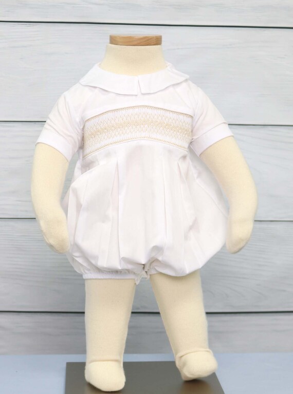 Smocked Romper, Boys Baptism Outfit,Boys White Smock Bubble, Baby Boy
