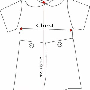 May include: Line drawing of a baby romper with measurements labeled "Chest" and "Crotch". The romper has short sleeves, a Peter Pan collar, and two buttons. The design is in black lines on a white background.