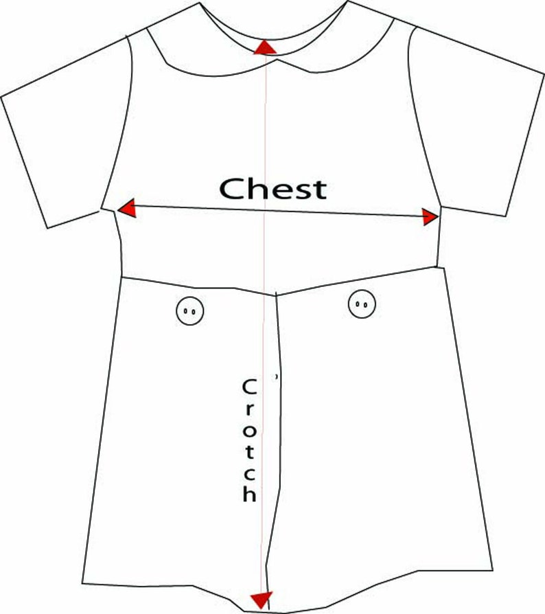 May include: Line drawing of a baby romper with measurements labeled "Chest" and "Crotch". The romper has short sleeves, a Peter Pan collar, and two buttons. The design is in black lines on a white background.