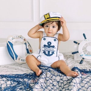 Baby Boy Sunsuit, Sailor Outfit Baby Boy, Nautical Party, Cake Smash Outfit, First Birthday Romper, Purple Up for Military,  291867