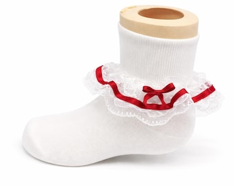 White Sock with White Lace and Red Ribbon and Bow Baby Socks by Zuli Kids   292417