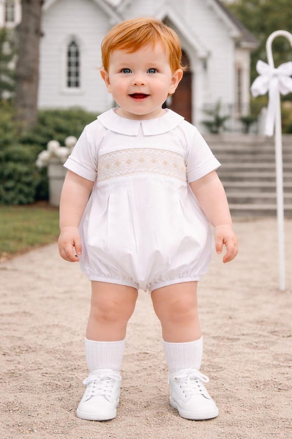 smocked easter dress Baby Outfit White with Ecru Smocking Allure Bridals Collection | Embellishment_Flower (Sizes 3M color:BLUE STRIPE Floral dress