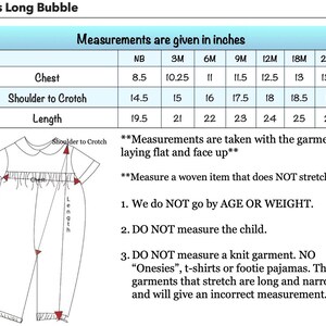 May include: A chart with measurements in inches for a boy's long bubble outfit. Measurements include chest, shoulder to crotch, and length for sizes NB to 24M. The image also includes a diagram of the garment and instructions.