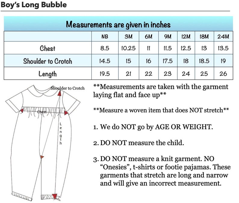 May include: A chart with measurements in inches for a boy's long bubble outfit. Measurements include chest, shoulder to crotch, and length for sizes NB to 24M. The image also includes a diagram of the garment and instructions.