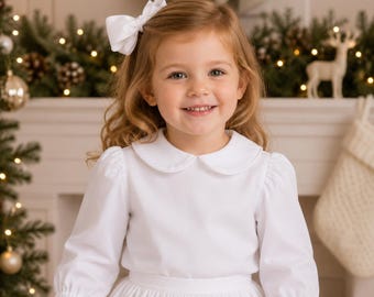Blouse met pofmouwen - Babykleding met monogram - Blouse met Peter Pan-kraag - Witte meisjesblouse - Jurkhemdjes voor peuters van Zuli Kids 294739