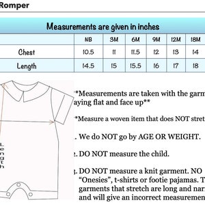 May include: Diagram of a baby romper with chest and length measurements in inches. The chart provides measurements for sizes NB to 24M. Instructions include measuring the garment flat and avoiding knit fabrics.