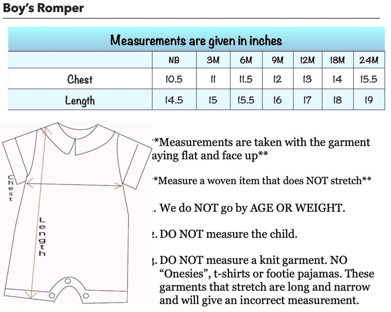 May include: Diagram of a baby romper with chest and length measurements in inches. The chart provides measurements for sizes NB to 24M. Instructions include measuring the garment flat and avoiding knit fabrics.