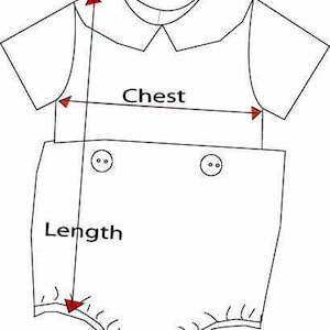 May include: A white baby onesie with short sleeves and a Peter Pan collar. The onesie has two buttons on the front and a ruffled hem. The image shows the measurements for chest and length.