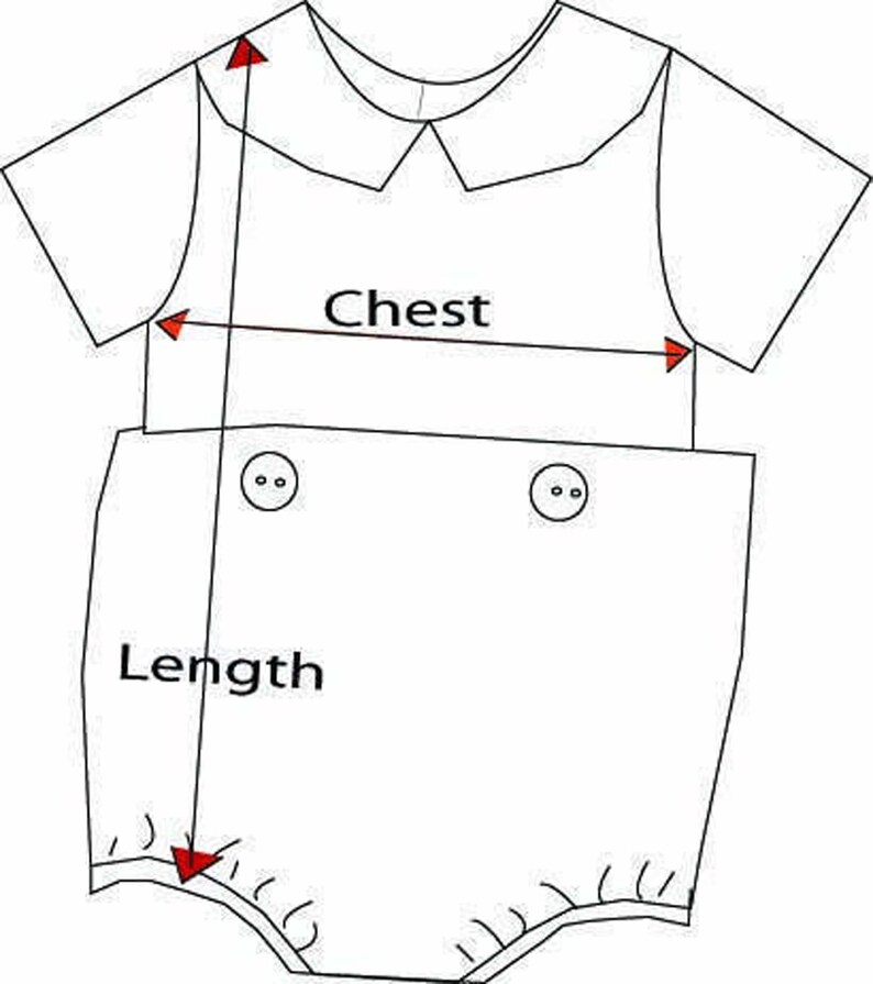 May include: A white baby onesie with short sleeves and a Peter Pan collar. The onesie has two buttons on the front and a ruffled hem. The image shows the measurements for chest and length.