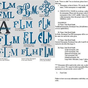 May include: A guide showcasing various monogram styles, including traditional, script, and diamond designs. The image displays examples of letter arrangements for personalized items, with instructions for ordering and font selection. The text also includes examples of how to order.