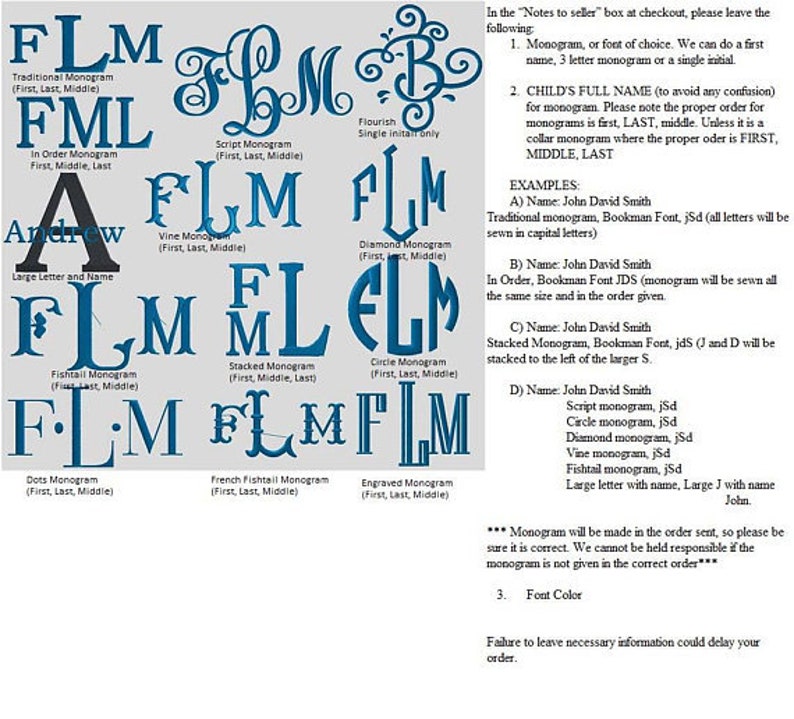 May include: A guide showcasing various monogram styles, including traditional, script, and diamond designs. The image displays examples of letter arrangements for personalized items, with instructions for ordering and font selection. The text also includes examples of how to order.