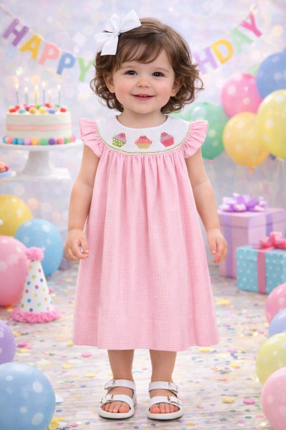 Smocked Birthday Dress - 2T Birthday Outfit Smocked - Pink Gingham Smocked