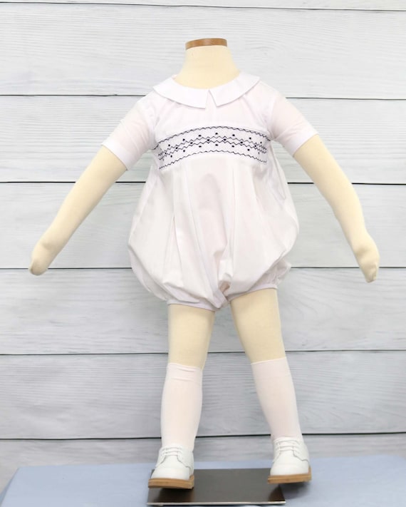 Smocked Clothes, Baby Easter Outfit with navy Smocking, Boy Easter Outfit Baby Smocked Bubble