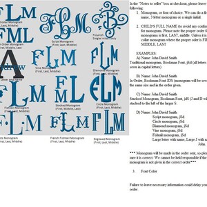 K&ouml;nnte beinhalten: Ein Diagramm, das verschiedene Monogrammstile mit Beispielen f&uuml;r jeden Stil zeigt. Die Stile umfassen traditionell, in der Reihenfolge, Schrift, Schn&ouml;rkel, Rebe, Diamant, Fischschwanz, gestapelt, Kreis, Punkte, franz&ouml;sischer Fischschwanz und graviert. Das Diagramm enth&auml;lt auch Anweisungen zum Bestellen eines Monogramms, einschlie&szlig;lich der richtigen Reihenfolge der Buchstaben und der Schriftartoptionen.
