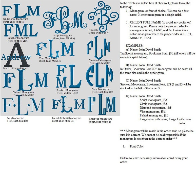 K&ouml;nnte beinhalten: Ein Diagramm, das verschiedene Monogrammstile mit Beispielen f&uuml;r jeden Stil zeigt. Die Stile umfassen traditionell, in der Reihenfolge, Schrift, Schn&ouml;rkel, Rebe, Diamant, Fischschwanz, gestapelt, Kreis, Punkte, franz&ouml;sischer Fischschwanz und graviert. Das Diagramm enth&auml;lt auch Anweisungen zum Bestellen eines Monogramms, einschlie&szlig;lich der richtigen Reihenfolge der Buchstaben und der Schriftartoptionen.