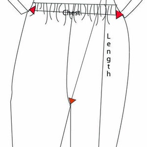 May include: Line drawing of a baby romper with a Peter Pan collar and short sleeves. The word "Chest" is labeled on the garment, and the word "Length" is labeled on the side. Red arrows indicate measurement points.