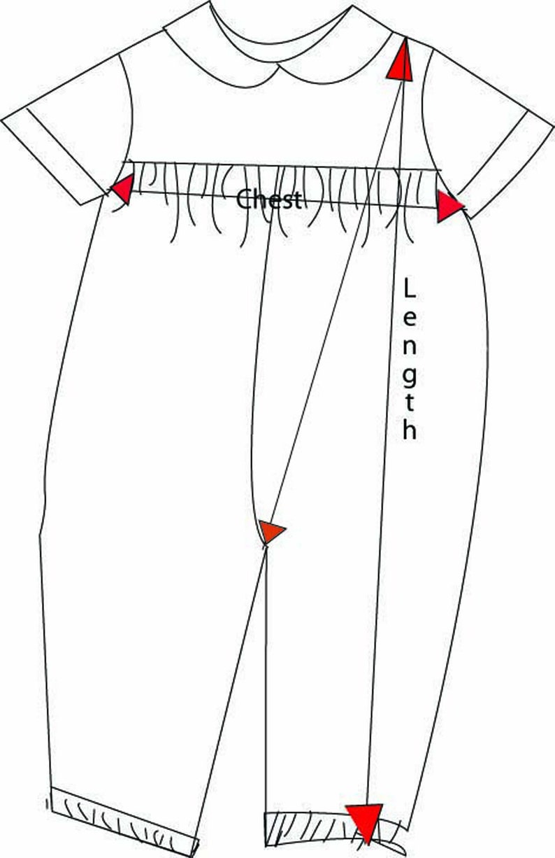 May include: Line drawing of a baby romper with a Peter Pan collar and short sleeves. The word "Chest" is labeled on the garment, and the word "Length" is labeled on the side. Red arrows indicate measurement points.