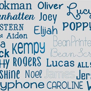 May include: A collection of names written in various fonts and styles, including Bookman, Oliver, Lucy, Manhattan, Joey, Western, Elijah, Poppy, Bella, Aiden, Elisa, Kempy, Thick, Pretty, Rogers, Lucas, All Star, Sunshine, Noel, James, Jersey, Payphone, Caroline, and Wild.