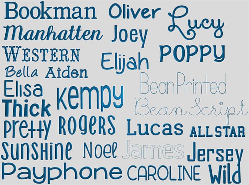 May include: A collection of names written in various fonts and styles, including Bookman, Oliver, Lucy, Manhattan, Joey, Western, Elijah, Poppy, Bella, Aiden, Elisa, Kempy, Thick, Pretty, Rogers, Lucas, All Star, Sunshine, Noel, James, Jersey, Payphone, Caroline, and Wild.