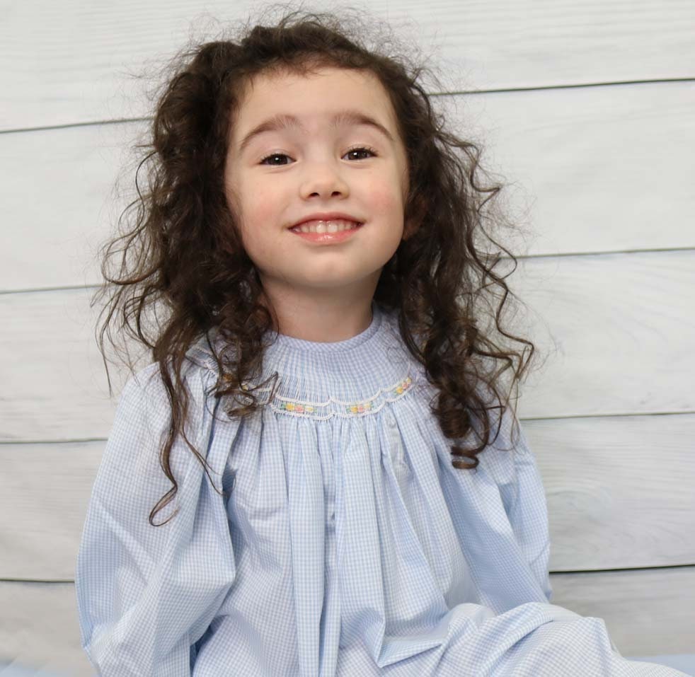 Hand Smocked Dress - Blue Gingham Bishop Sleeve in Pastel Colors Designer Baby Clothes By Zuli Kids