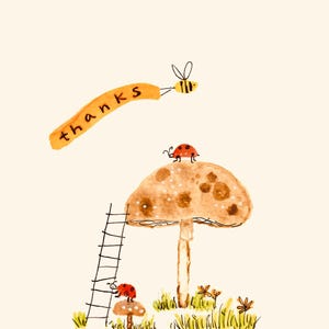 Carte de remerciement avec coccinelle bourdon champignon