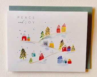 Peace and Joy | Ski Card | whimsical winter greeting card peace love joy