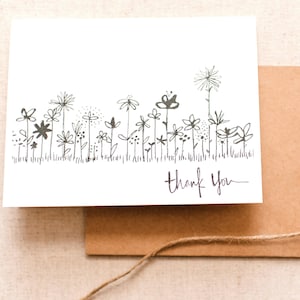 DOOS VAN 6 bedankkaartjes Botanisch Bloemen Zwart-wit Bedankt Lijnwerk Boerderij