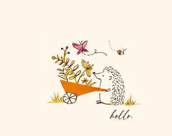 Hedgehog Hello Note Cards | Hedgehog wheelbarrow plant greeting card | Hedgehog Notecard BOX of 6