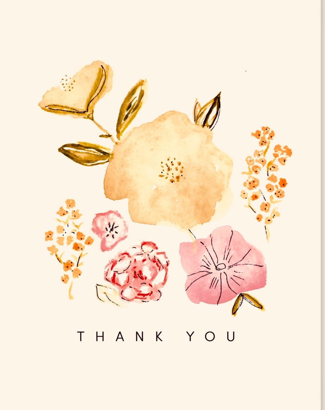 BOX OF 6 Botanical Thank You Note Cards Thank You Pink and Green Yellow ...