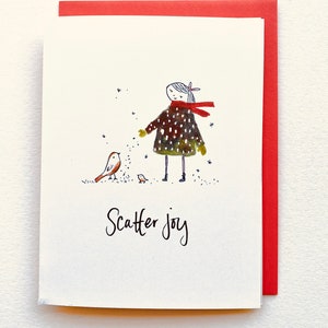 Caja de 6 tarjetas Scatter Joy con niña alimentando pájaros, tarjeta en blanco para notas de invierno