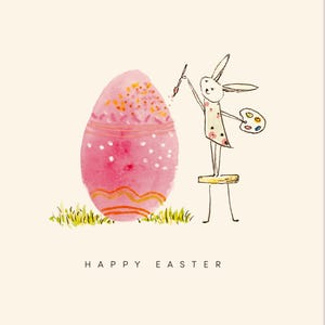 Tarjeta de conejito de Pascua con huevo pintado en acuarela