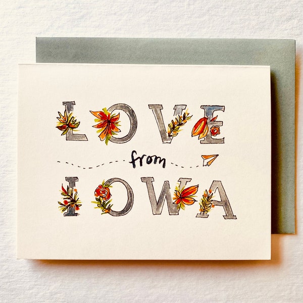 Love From Iowa Greeting Card dusty blue orange