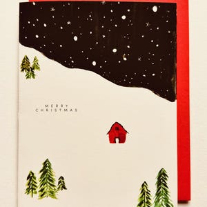 Cartão de Feliz Natal Red Barn Holiday Cena de Neve Céu Noturno